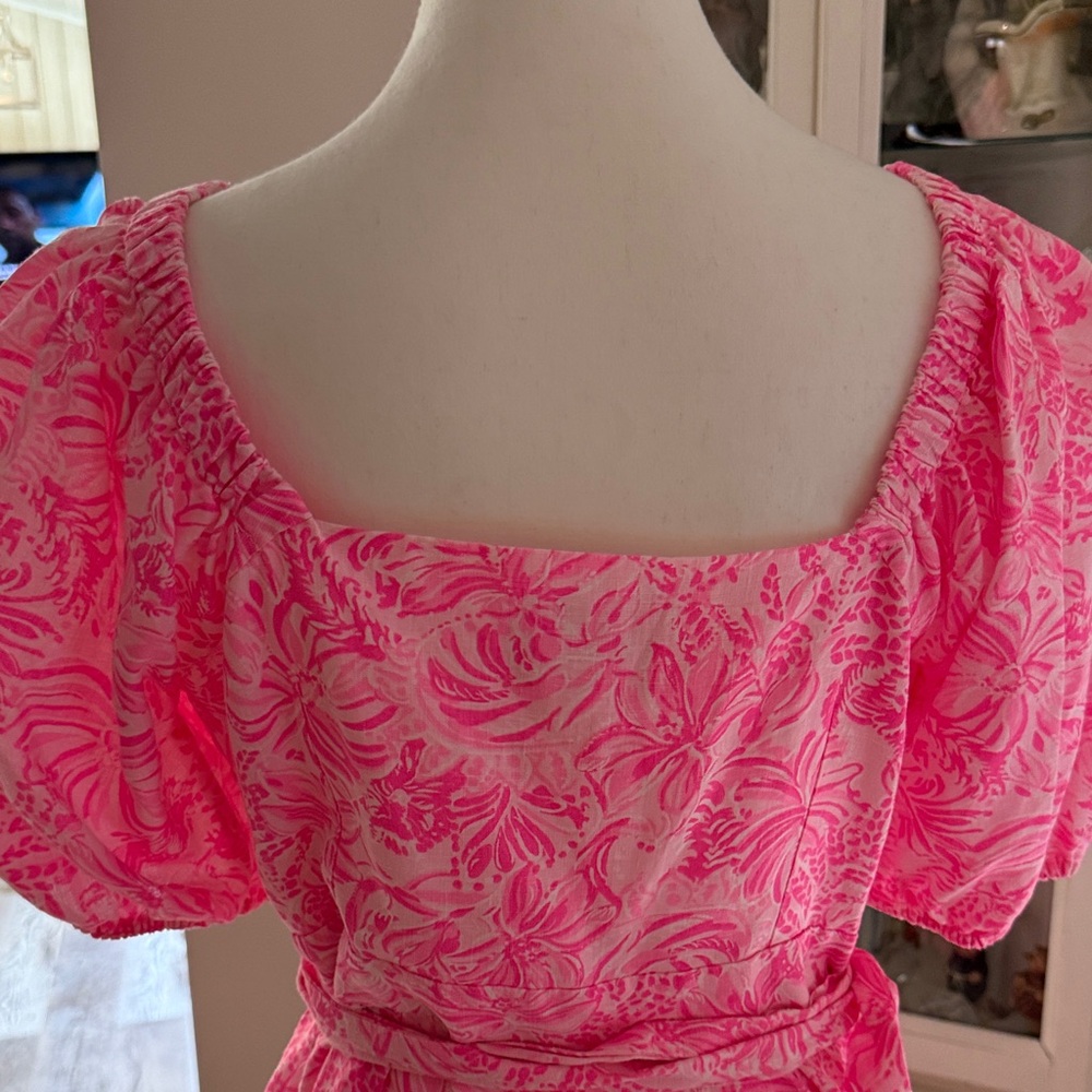 Lilly Pulitzer Pink Floral Puff-Sleeve V-Neck Dress - Picture 3 of 3